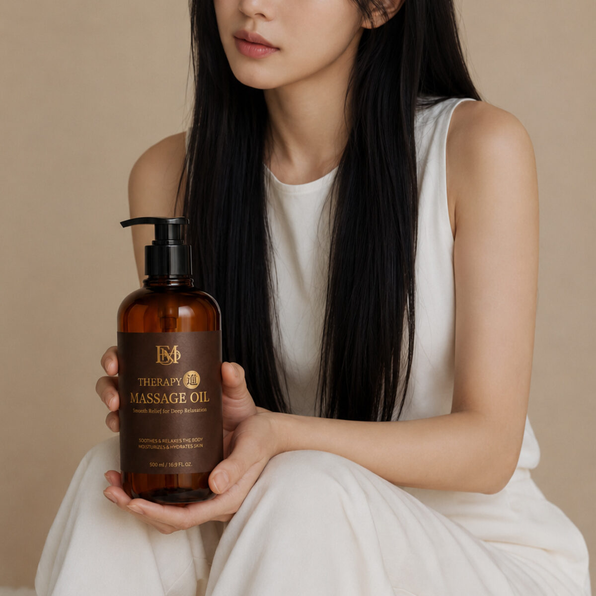 EM Therapy 마사지 오일을 든 모습 — 따뜻한 베이지 톤의 브랜드 무드